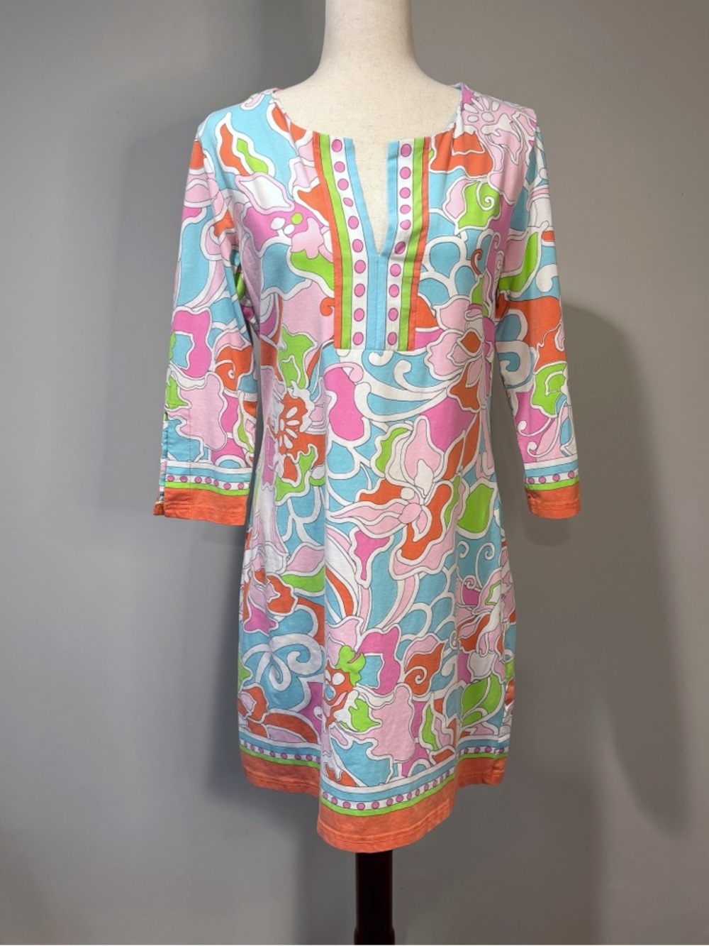 Barbara Gerwit Bright Floral Shift Dress 3/4 Sleeve Resort Preppy Coastal Size L